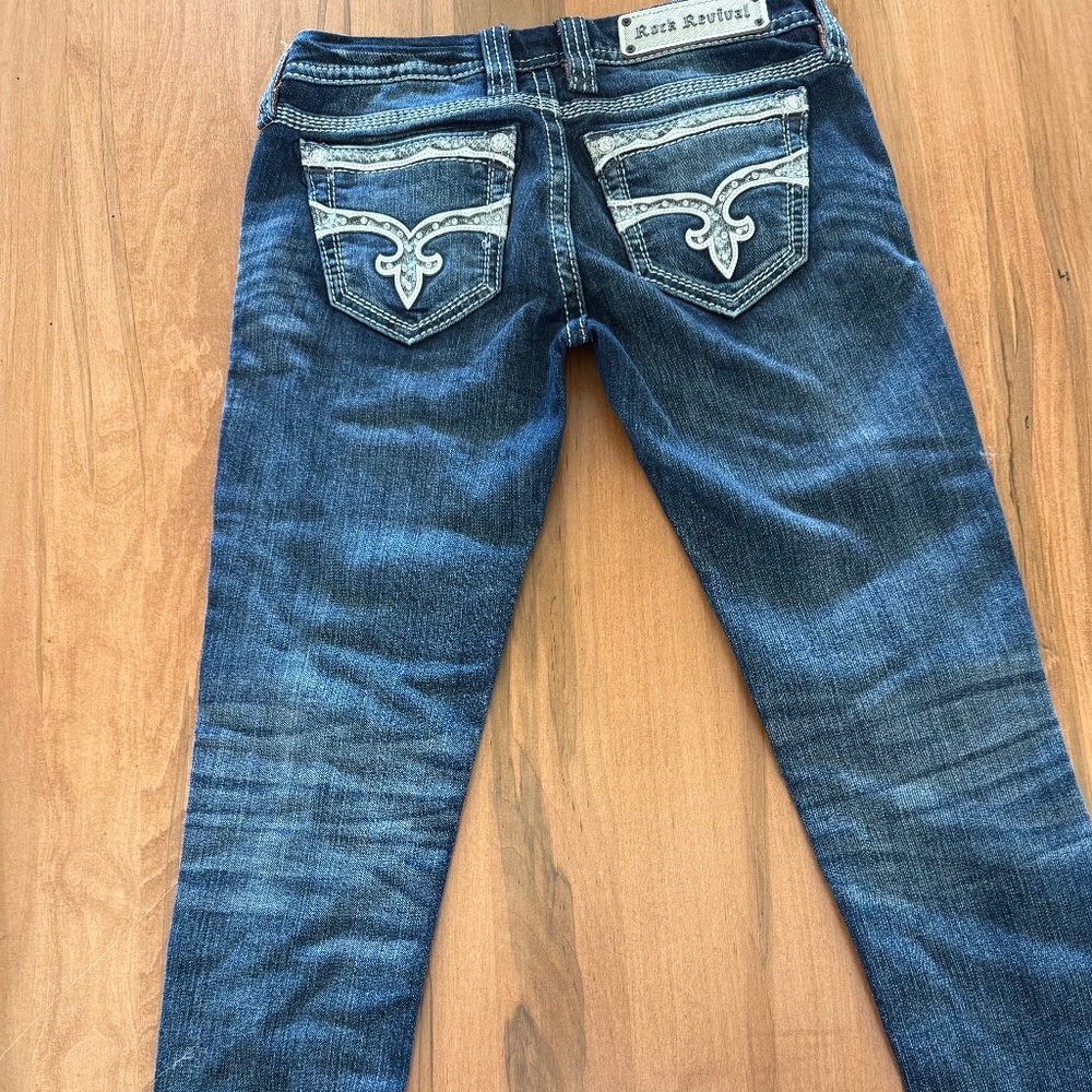 Rock Revival Skinny Crop Jeans, Dark Blue, Size 27